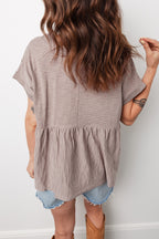 Khaki Stripe Buttoned V Neck High Low Side Slit T Shirt