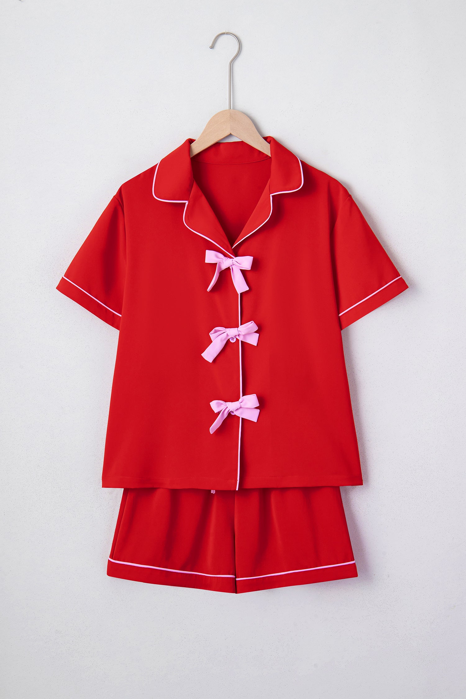 Fiery Red Contrast Trim Ribbon Bow Short Silky 2pcs Pyjama Set