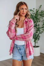 Sachet Pink Plaid Print Rounded Hem Long Sleeve Shirt with Pockets