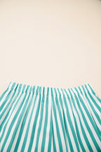 Green Stripe Contrast Ricrac Trim Long Sleeve Shirt Drawstring Ruffled Pyjama Short Set