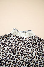 Black Leopard Print Striped Ruffled Color Block Trim V Neck Short Sleeve Blouse