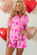 Pink Bow Print Half Sleeve Shirt and Shorts Pyjamas Set