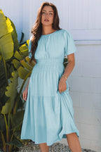 Pink Puff Sleeve Pleated High Waist Flowy Midi Dress