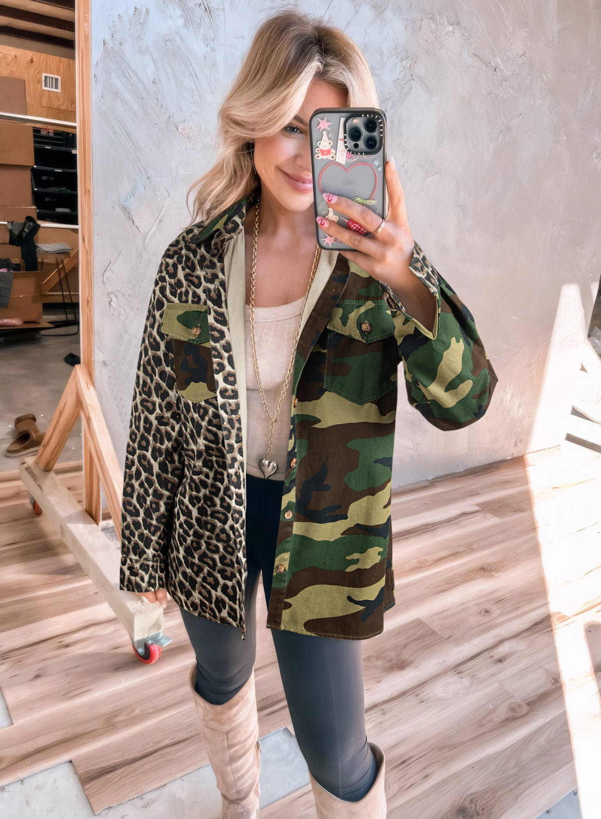 Brown Leopard Camo Patchwork Oversize Shacket