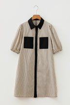 Color Block Patchwork Shirt Collar Button Down Puff Sleeve Mini Dress