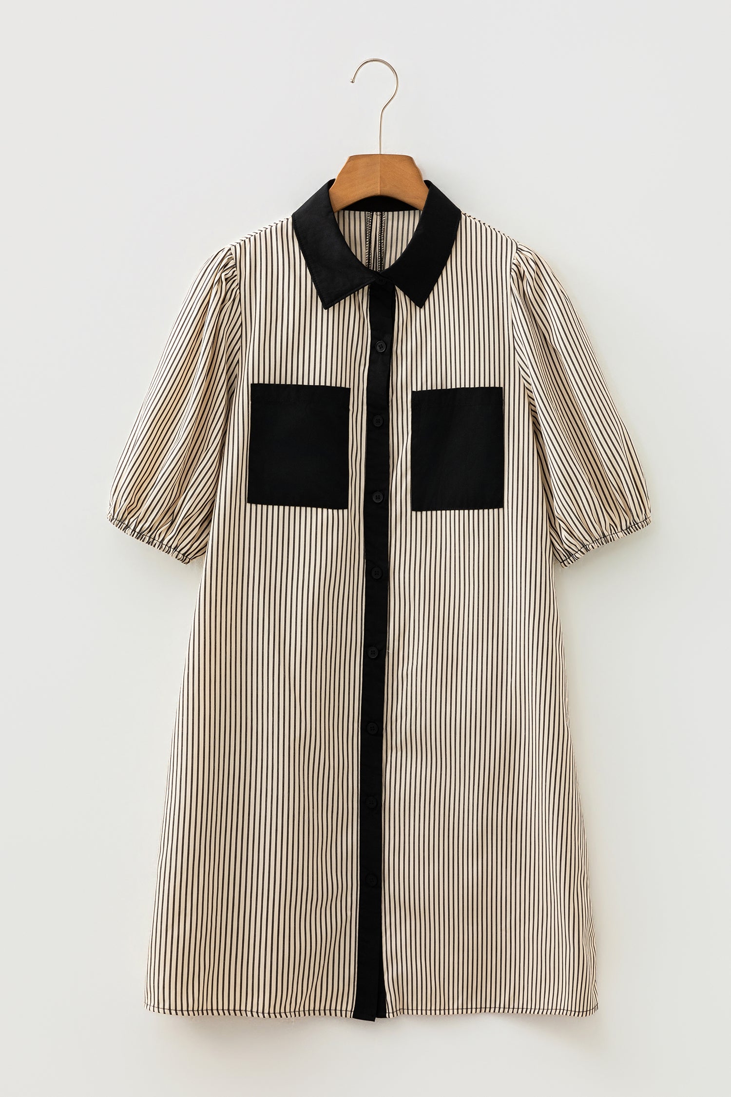 Color Block Patchwork Shirt Collar Button Down Puff Sleeve Mini Dress