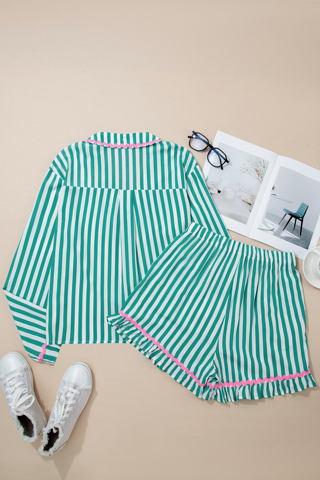 Green Stripe Contrast Ricrac Trim Long Sleeve Shirt Drawstring Ruffled Pyjama Short Set
