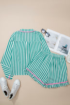 Green Stripe Contrast Ricrac Trim Long Sleeve Shirt Drawstring Ruffled Pyjama Short Set