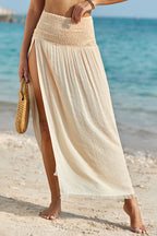 Beige Shirred High Waist Split Long Beach Skirt