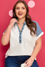 Beige Plus Size Contrast Denim Patchwork Cuffed Sleeve Polo Tee