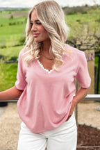 Strawberry Pink Lacy V Neckline Short Sleeve Sweater