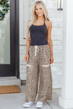 Khaki Animal Print Wide Leg Terry Knit Pants