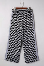 White Checkerboard Drawstring Waist Casual Pants