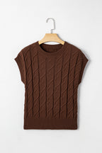 Dark Brown Cable Texture Crew Neck Short Sleeve Sweater Top