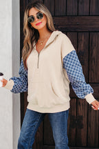 Checkered Patchwork Kangaroo Pocket Half Zipper Hoodie