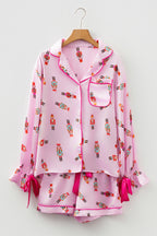 Pink Nutcracker Print Contrast Trim Tied up Bow Silky 2pcs Pajama Set