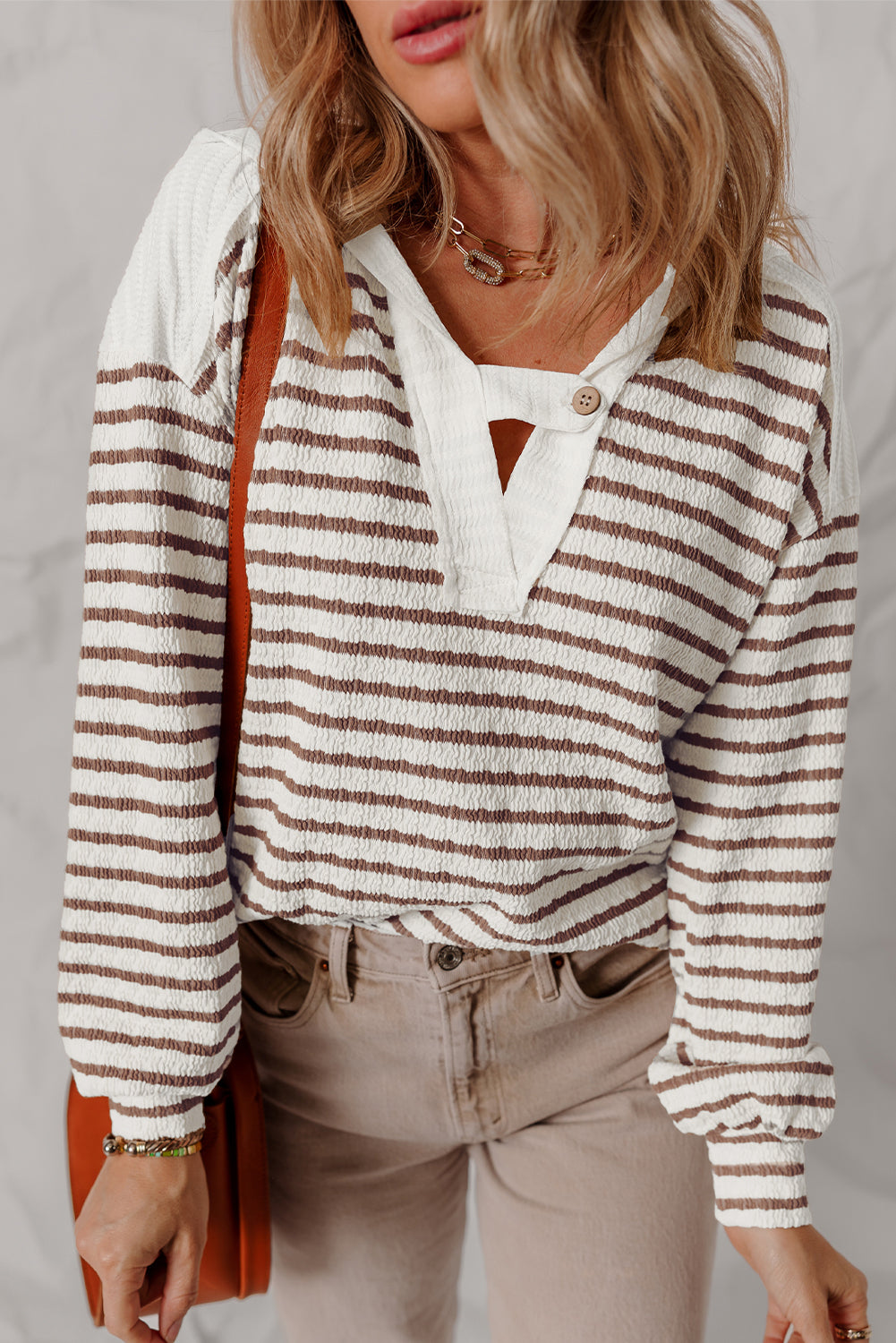 Striped Textured Hooded V Neck Casual Long Sleeve Top