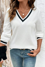 White Textured Knit Preppy Striped Trim V Neck Pullover Waffle Top