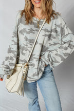 Green Retro Camouflage Print Exposed Seam Patchwork Drop Shoulder Sweatshirt