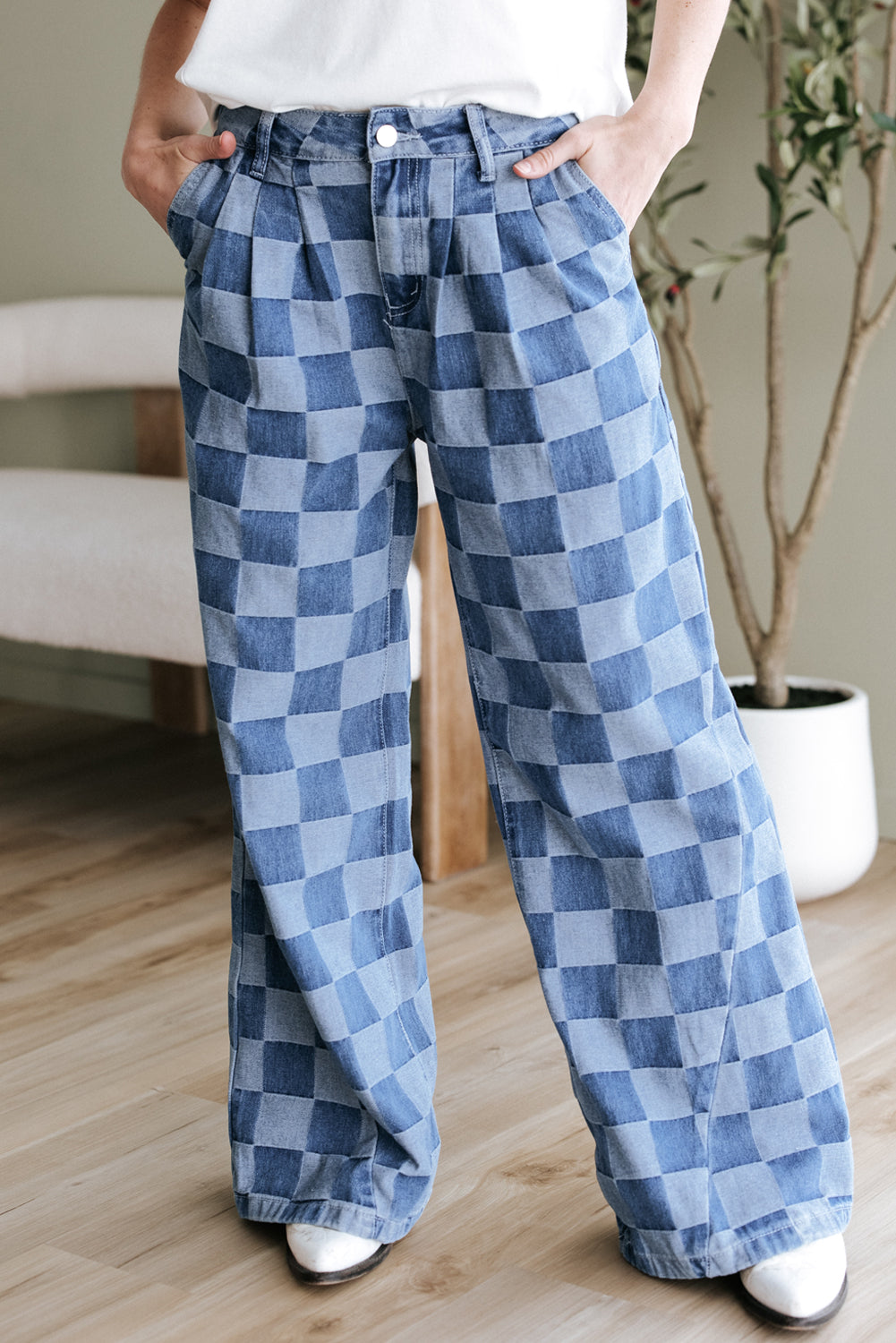 Checkered Denim Wide Leg Jeans