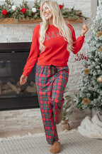 Red Plaid Mama Graphic Christmas Holiday Crewneck Pullover and Pants Two Piece Lounge Set