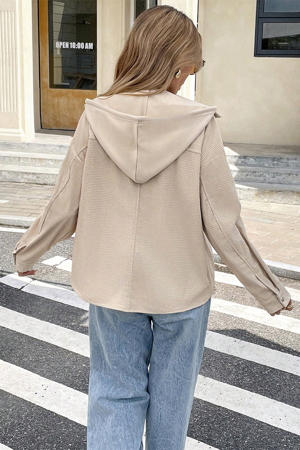 Beige Thermal Knit Textured Hooded Jacket