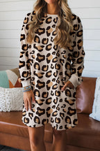 Khaki Leopard Long Sleeve Shift T Shirt Dress with Pockets
