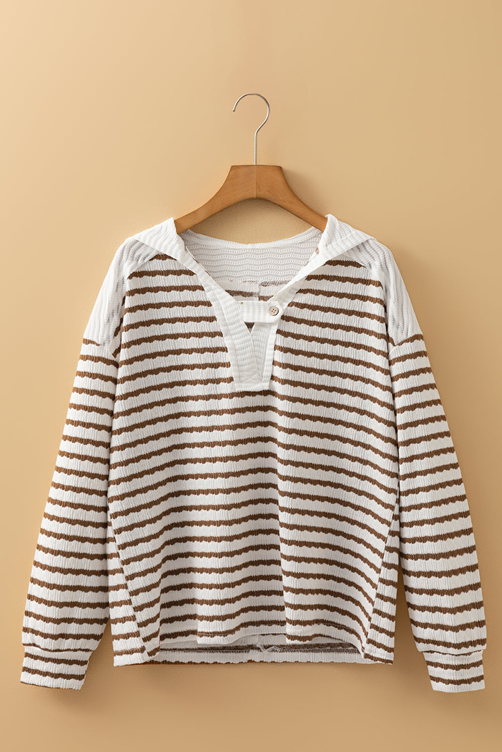 Striped Textured Hooded V Neck Casual Long Sleeve Top