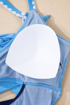 Beau Blue Ric Rac Trim Contrasted Patchwork Cutout One Piece Swimsuit