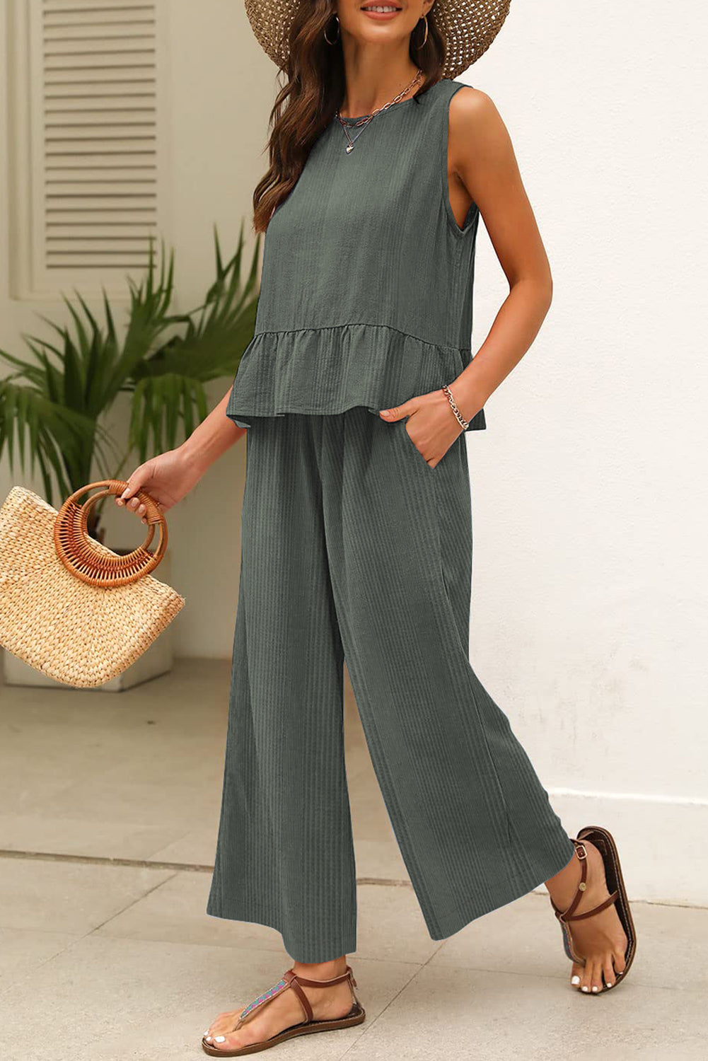 Solid Color Ribbed Ruffle Tank Top and Pants Set