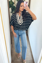 Black Stripe Stand Collar V Neck Elastic Cuffs Half Sleeve Dolman Top