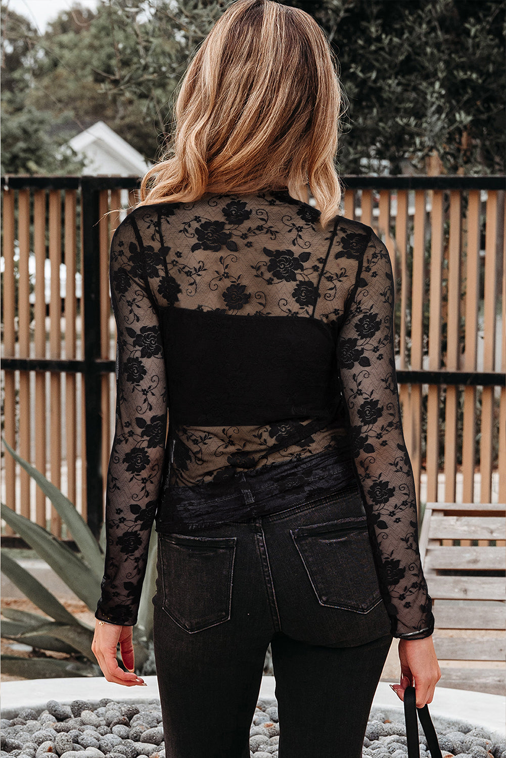Sheer Floral Lace Mesh Mock Neck Long Sleeve Top