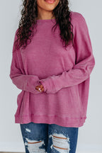Bright Pink Waffle Knit Patchwork Long Sleeve Loose Top