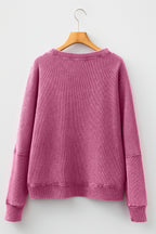 Bright Pink Waffle Knit Patchwork Long Sleeve Loose Top