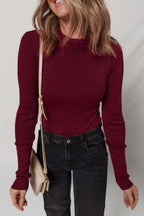 Red Dahlia Metal Ribbed Knit Long Sleeve Slim Fit Top