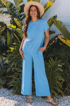 Solid Corded Knit Short Sleeve T Shirt and Wide Leg Pants Set