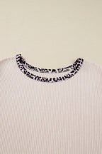 Parchment Ribbed Contrast Leopard Edge Round Neck Plus Knit Top