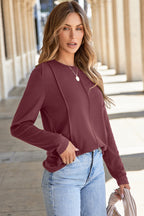 Black Solid Exposed Seam Crew Neck Long Sleeve Top