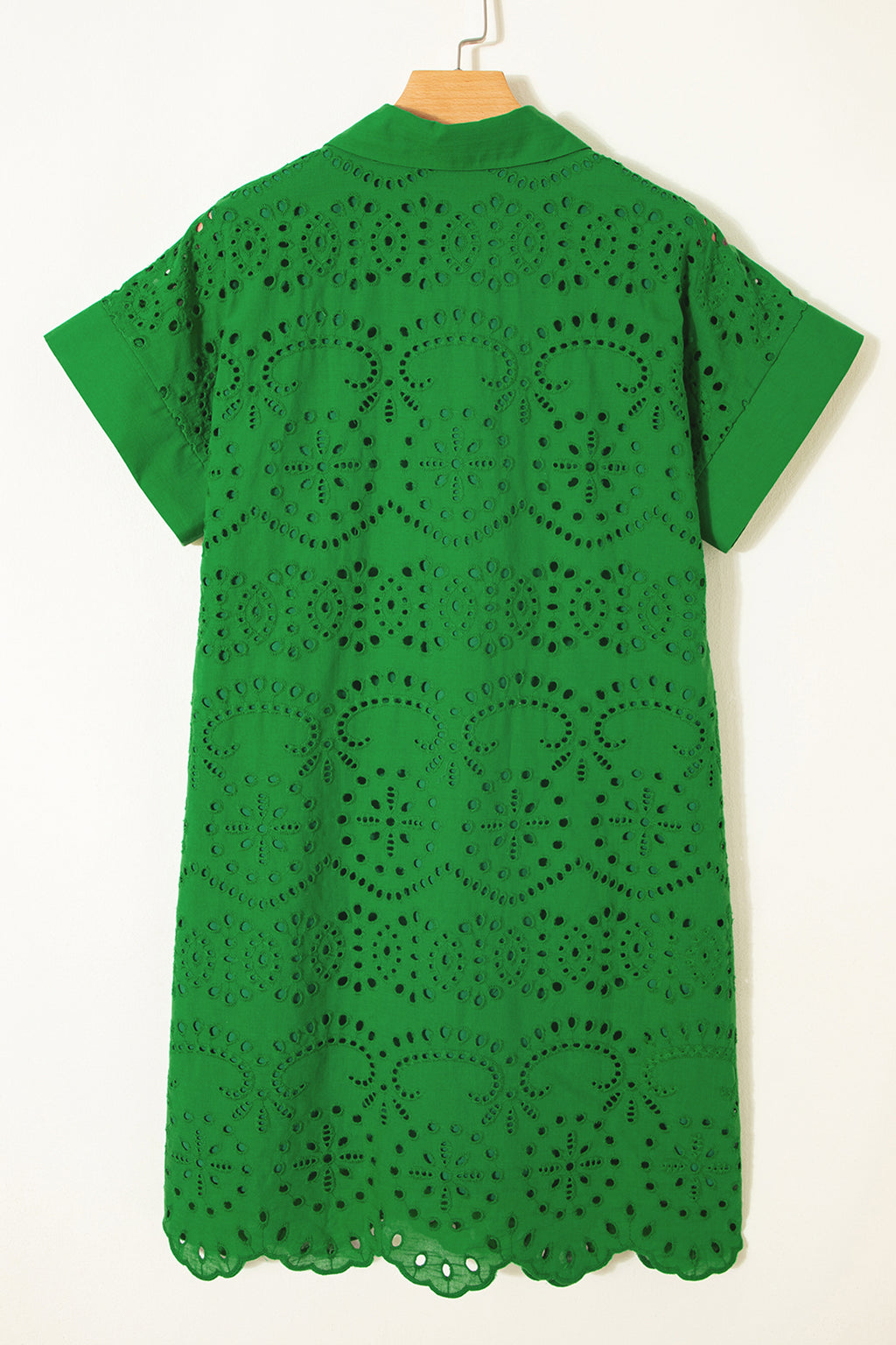 Green Solid Color Eyelet Embroidered T Shirt Mini Dress