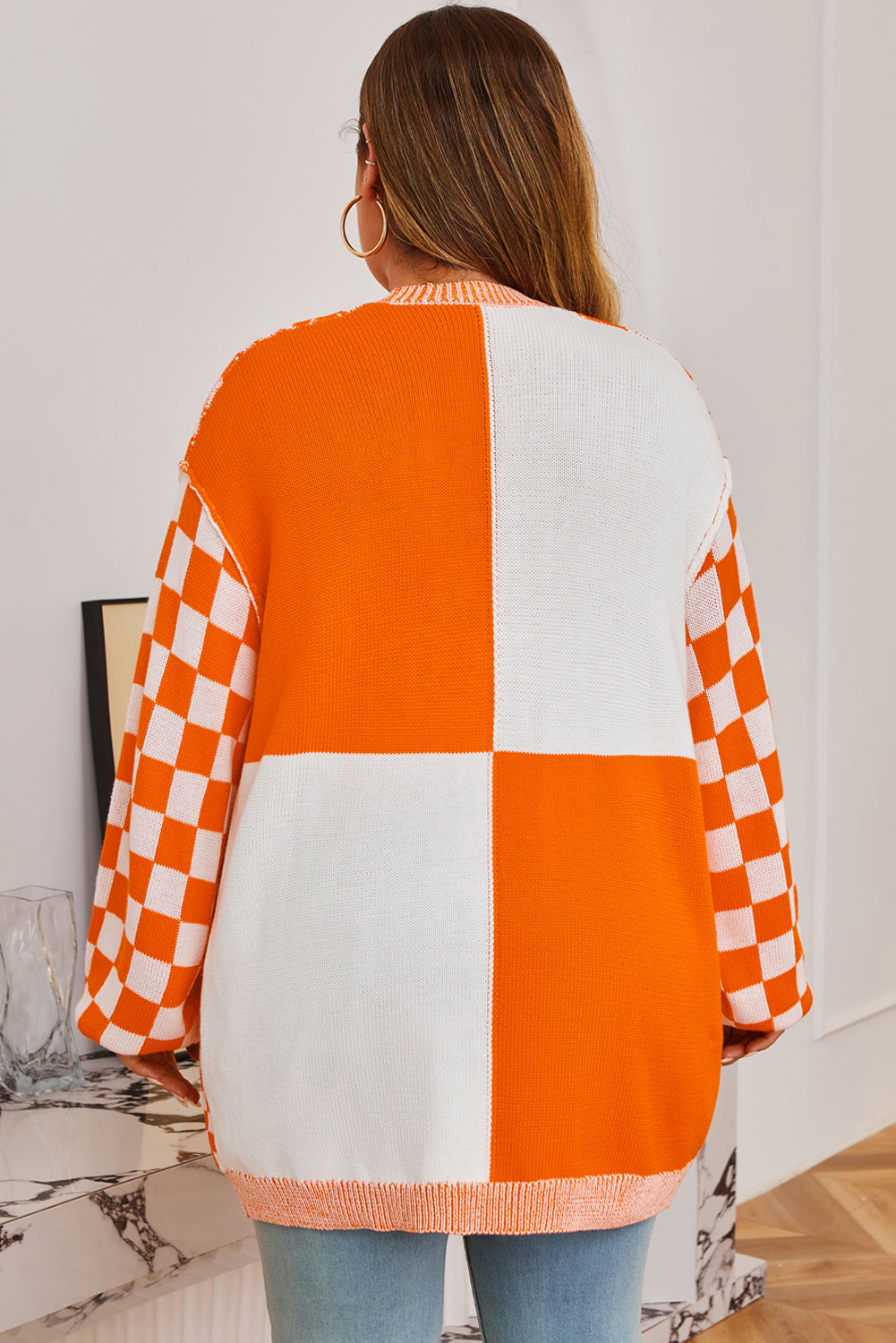 Orange Checkered Bubble Sleeve Drop Shoulder Open Cardigan