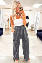 Mineral Wash Lace-up High Waist Raw Hem Patched Pocket Pants