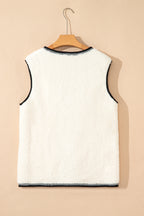 White Sherpa Contrast Trim Patch Pocket Cartridge Toggle Button Vest