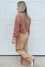 Khaki Color Block Long Sleeve Crop Top Drawstring Pant Set
