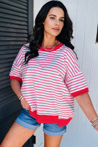 Red Stripe Drop Shoulder Half Sleeve T Shirt