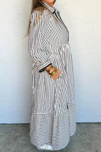 Black Stripe Scallop Trim Shirt Collar Half Button 3/4 Sleeve Long Dress