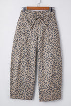 Khaki Leopard Printed Drawstring Elastic Waistband Pocketed Wide Leg Jeans