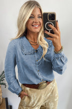 Beau Blue Ruffled Peter Pan Collar Western Denim Shirt