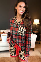 Racing Red Retro Plaid Leopard Print Patchwork Long Sleeve Shorts Pyjama Set