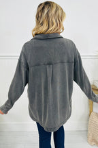 Medium Grey Mineral Wash Chest Pockets Drop Shoulder Shacket with Side Slit