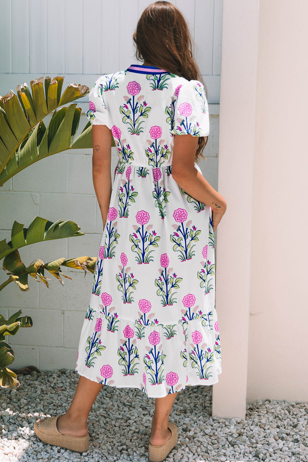 Floral Puff Short Sleeve V Neck High Waist Maxi Dress